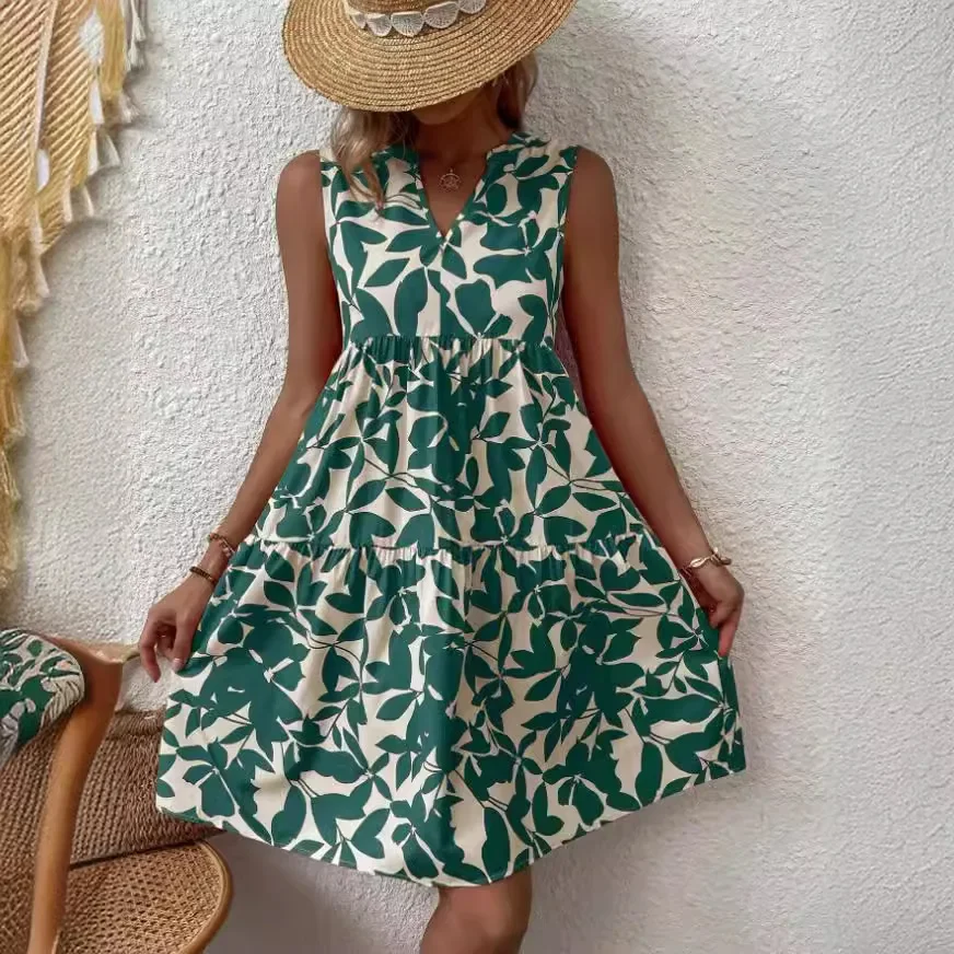 Women Boho Print Mini Dress Summer Elegant Sleeveless V Neck Ruffle A Line Tank Dress Casual Loose Oversize Beach Party Sundress