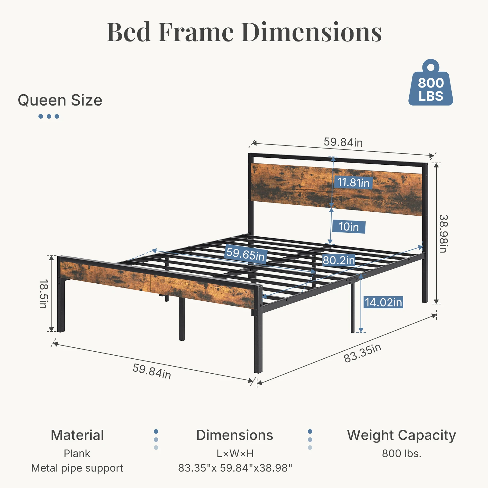 MCQ 14 Inch Basic Bed Frame Metal Platform with Wood Headboard Heavy-Duty Metal Platform With 1000Lbs Capacity No Box Spring Needed Easy Assembly Design Bedroom Bed For Home