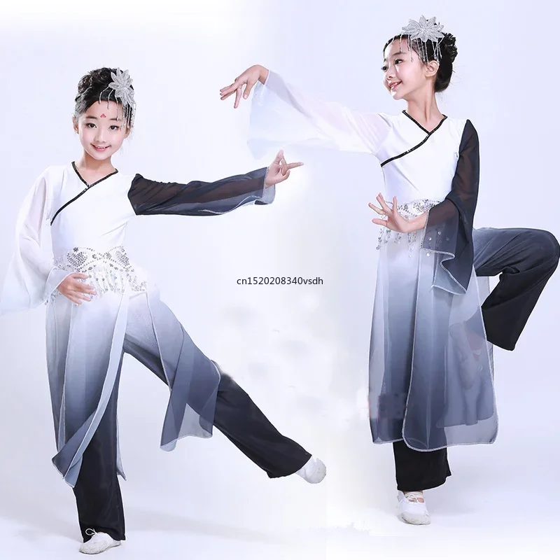 Big Sleeve Ink Child Chinese Classic Yangko Dance Costumes Girl Fan Dance Clothing Stage Chinese Ancient Folk Dance Clothes 89