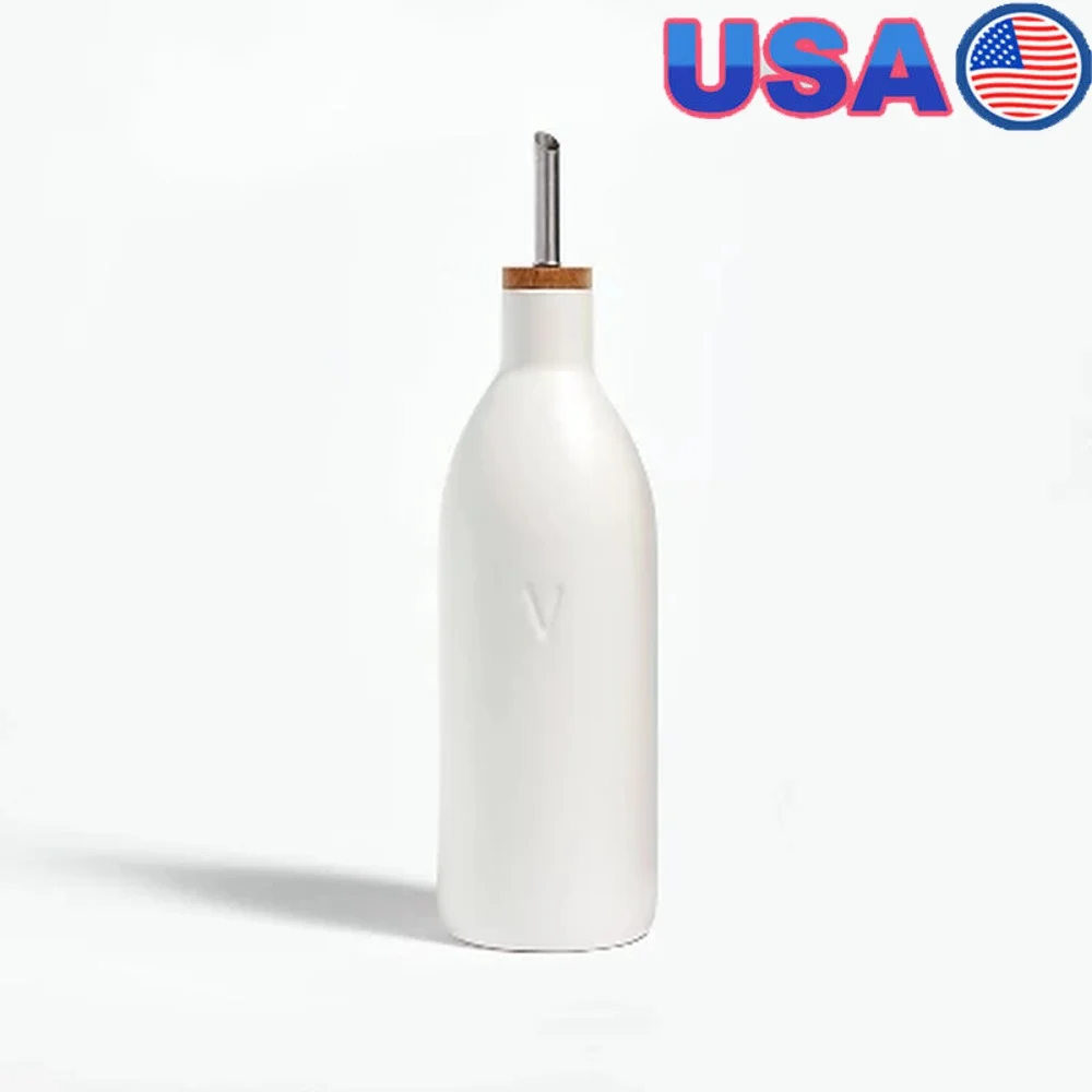 

Ceramic Vinegar Pour Bottle Stoneware Oil Dispenser Stainless Steel Wood Lid Tapered Spout Kitchen Accessory Dishwasher Safe