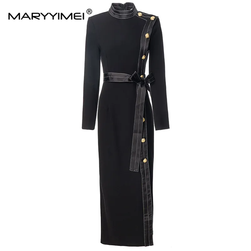 

MARYYIMEI New Fashion Runway Designer Women's Stand Collar Splicing Bow Tie With Lion Big Gold Buckle Decorated Vintage Dress