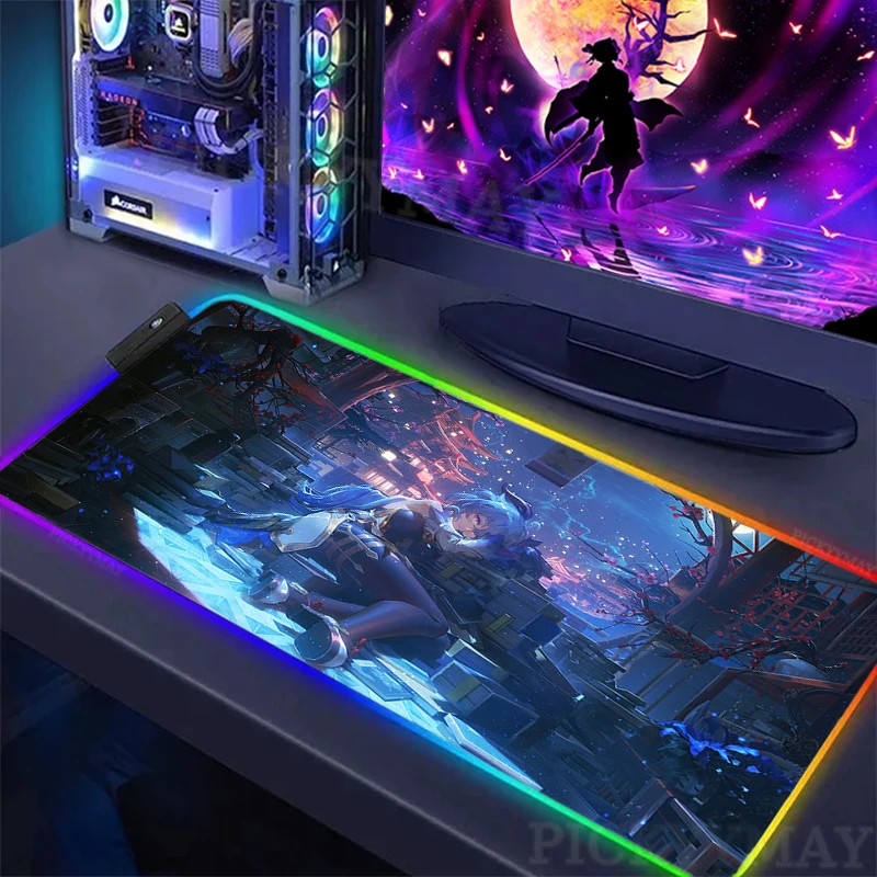 Imagem -02 - Genshin Impact Ganyu Gaming Mousepad Tapete de Mesa de Tamanho Grande Gamer Mousepad Mouse Pad Rgb Led Luminoso Anime Girl Mat