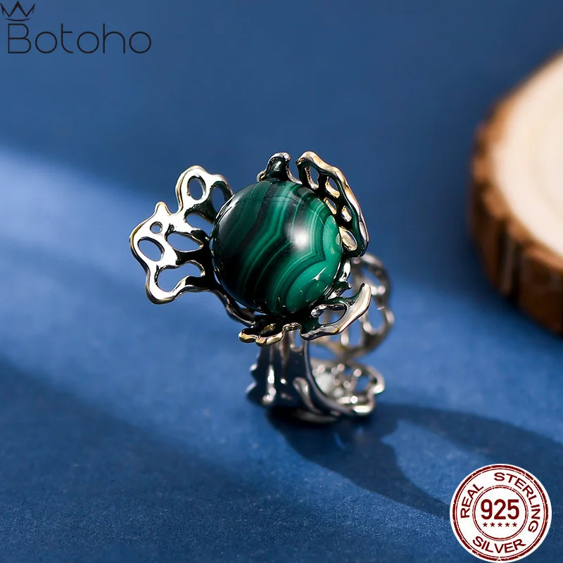 

Natural Malachite 925 Sterling Silver Hollow Out Women's Ring Trendy Unusual Flower Bud Exaggerated Ring 2023 New Gift