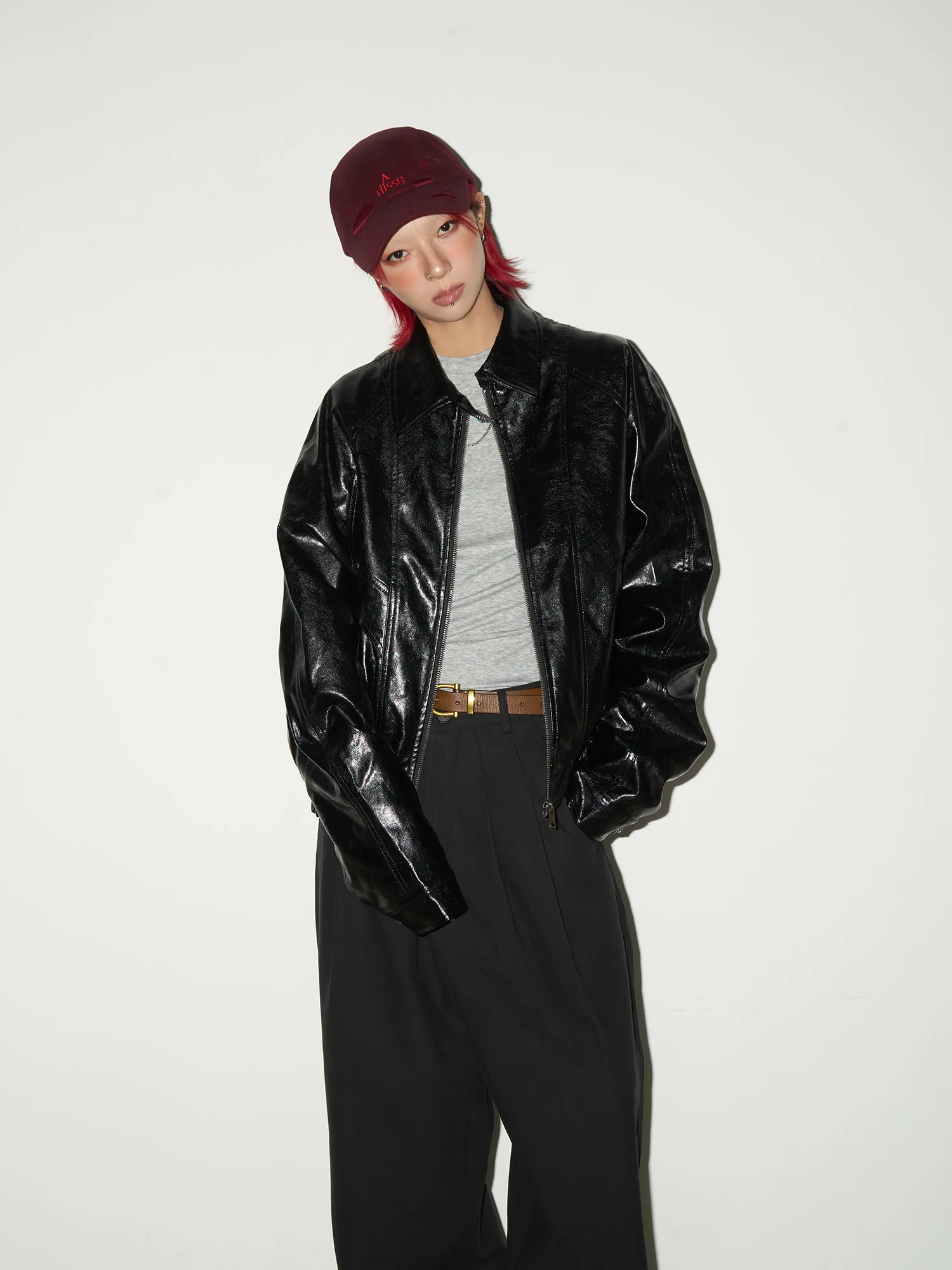 

MICHINNYON Street Sle Loose Fit Biker Jaet Women's Oil Wax Feel Leather Coat Turn-down Collar Workwear Outerwear