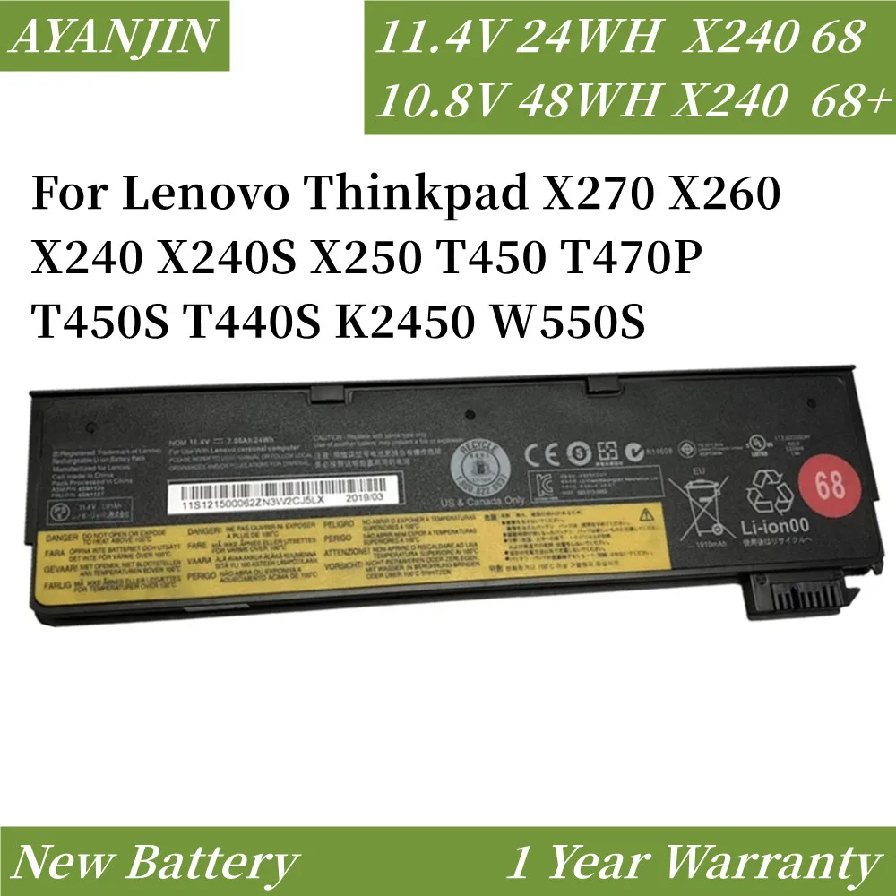 Laptop Battery for Lenovo ThinkPad X240 T440S T440 X250 X260 X270 T450S T460 T450 T450S T550 T560 45N1126 45N1127 68 68+