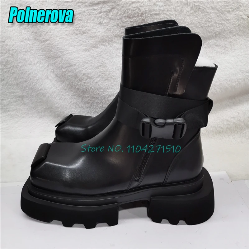 Square Toe Thick Soled Motorcycle Boots for Men Women Fashion Belt Buckle Chunky Platform Zipper Short Boots Couple Casual Shoes