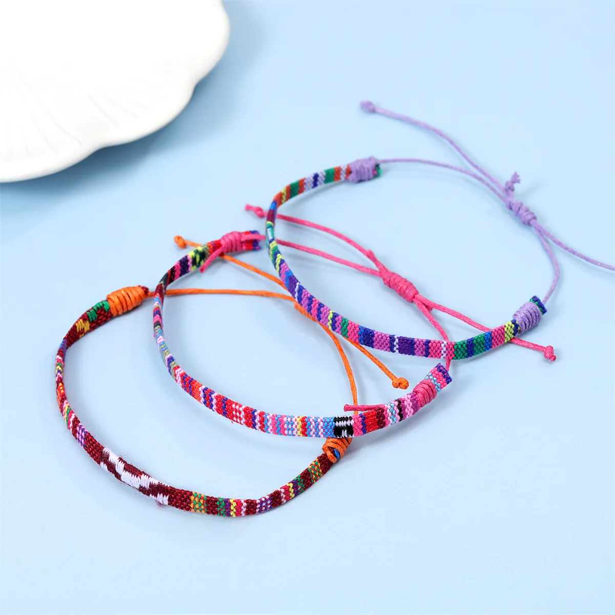 12pcs Nepal wind cotton and linen woven fabric rainbow bracelet with colorful adjustable hand cord