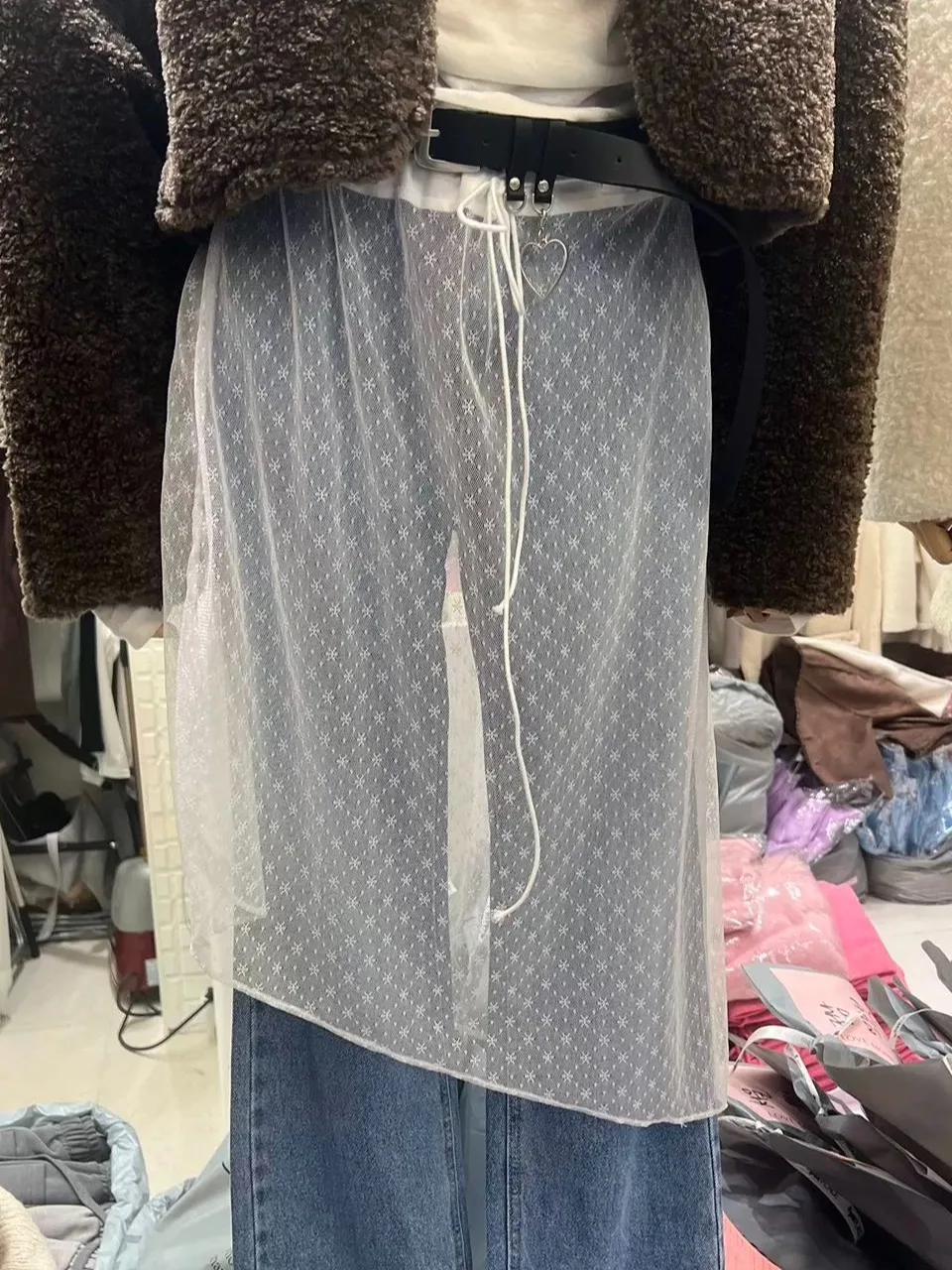 

Chic Lace Half-length Skirt Slimming Base Layer Summer New Style Women's Fashionable Net Gown Mid-waist Straight A-line Skirt