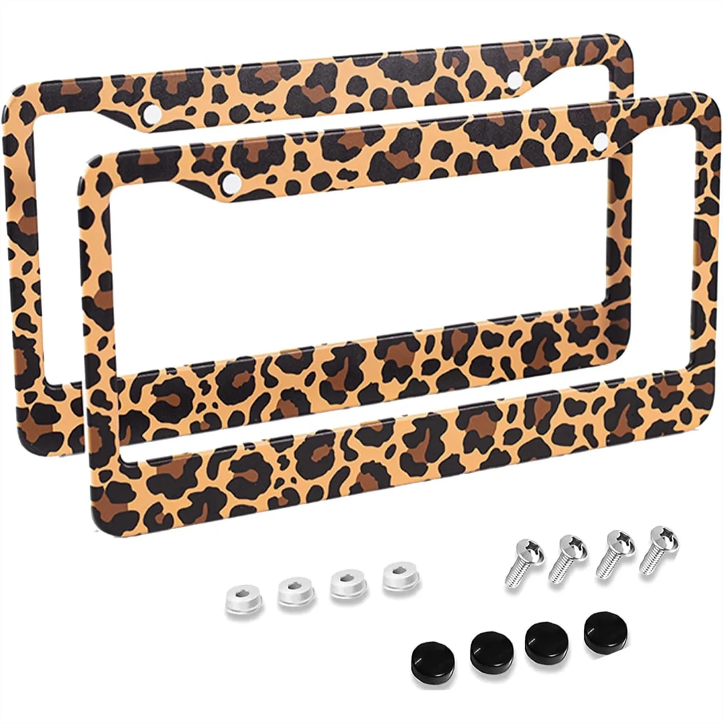 

Leopard Print License Plate Frame 2 Pack - Durable Aluminum Car Tag Holder with Screws, 12.3x6.3 Inch