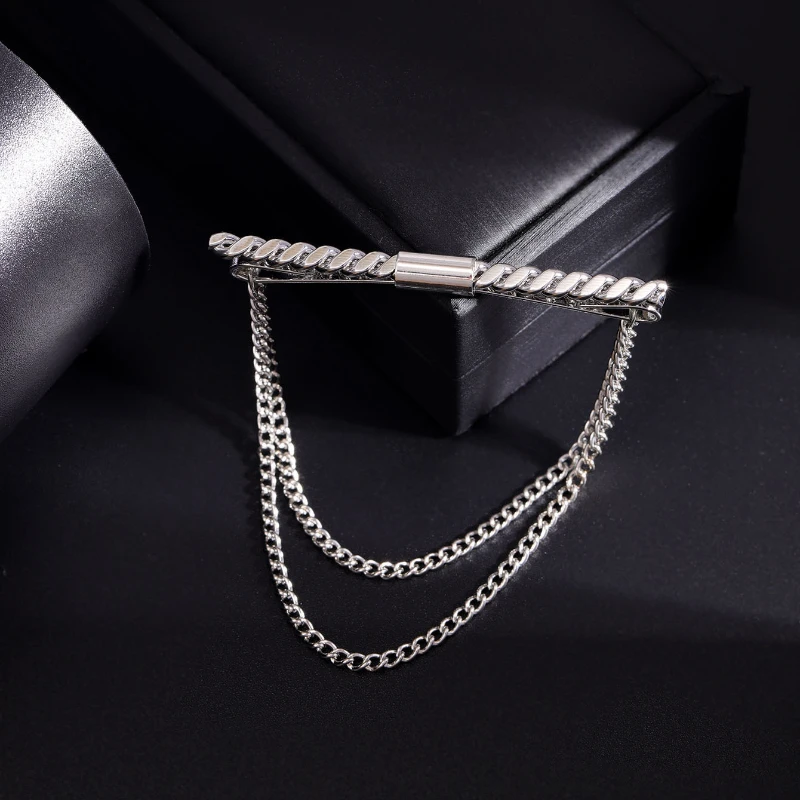 Gold and Silver Color Brooch Pin with Tassel Chain for Shirt Collars description 4