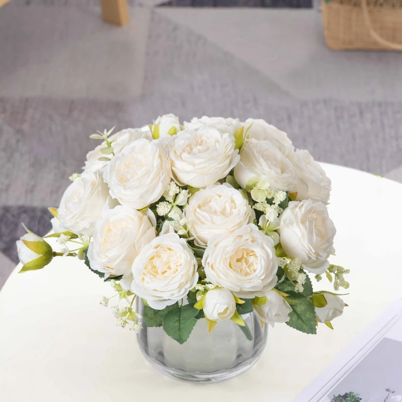 Künstliche Blumen, künstliche Seide, weiße Pfingstrosen, verwendet für Zuhause, Zimmer, Vasendekoration, Weihnachtskranz, Hochzeitsstrauß, Partyzubehör – Detail 15