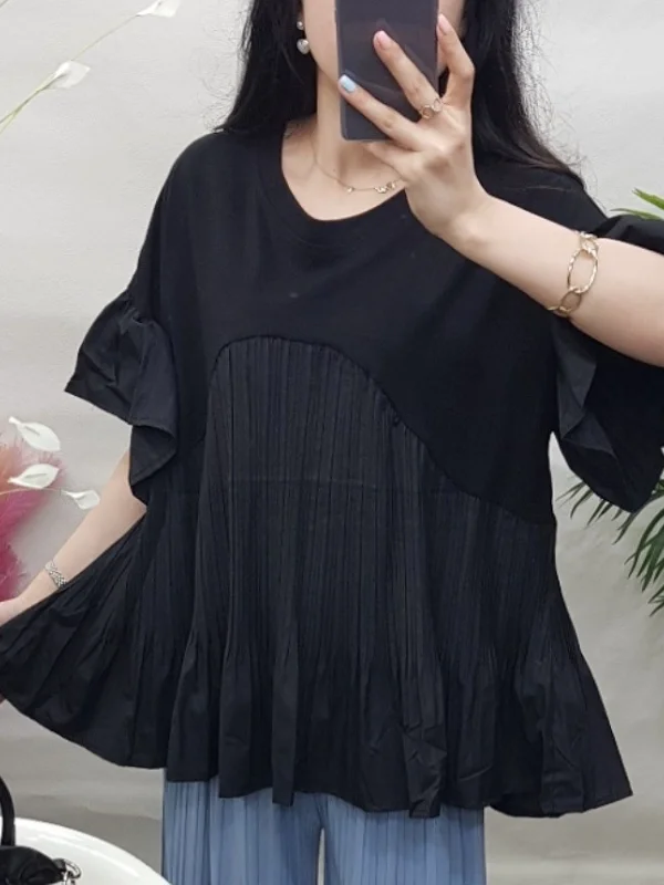Cute Skirted Hem Batwing Sleeve Anti-Aging Doll Shirt High Waist Loose Floral  Splicing Pleated Korean Style Women's Sweater