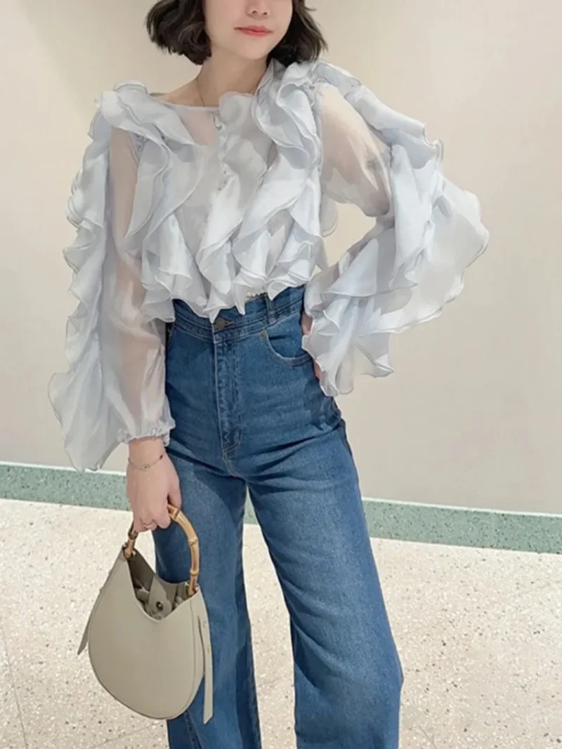 Sweet Ruffles Pactwhork Pullover Crop Top O-neck Long Sleeve Blouse Shirts 2024 Spring Summer Chic Solid Camisas Japan Blusas