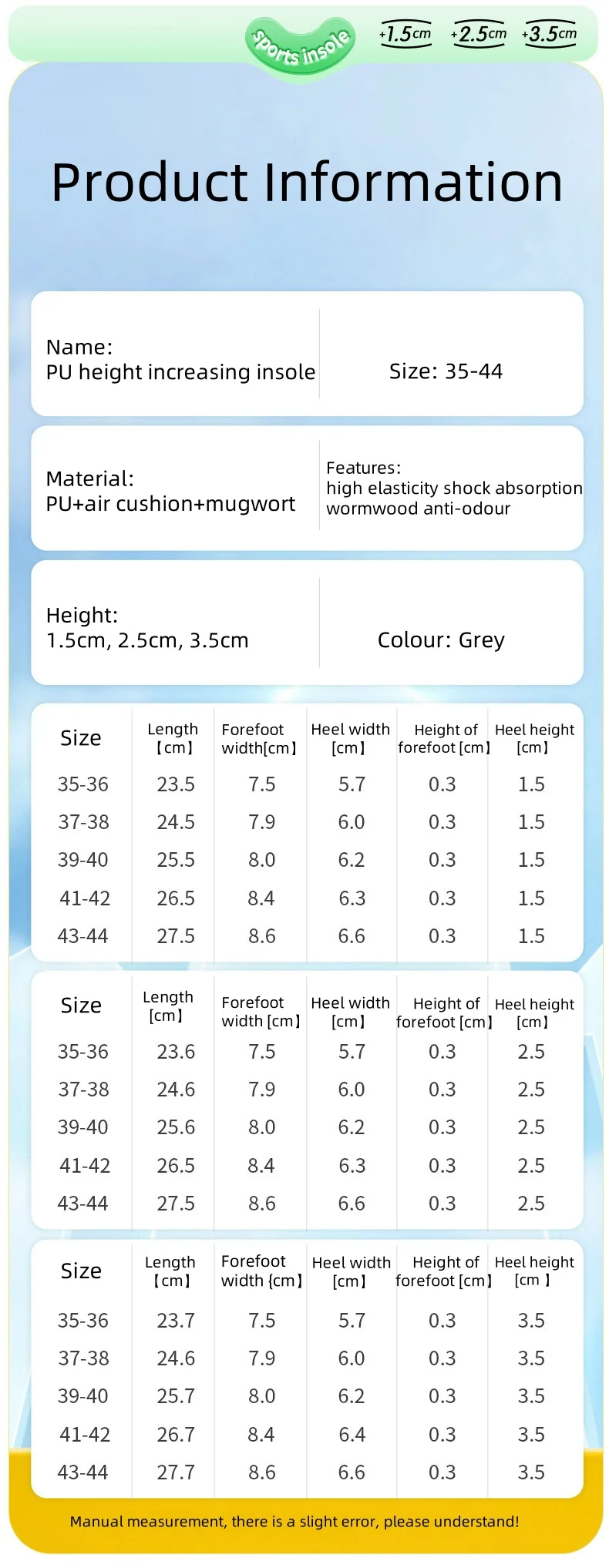 1Pair Air Cushion Height Increase Insoles Breathable Sweat and Anti-Odour Insole Shock Absorbing Insole for Sports Shoes