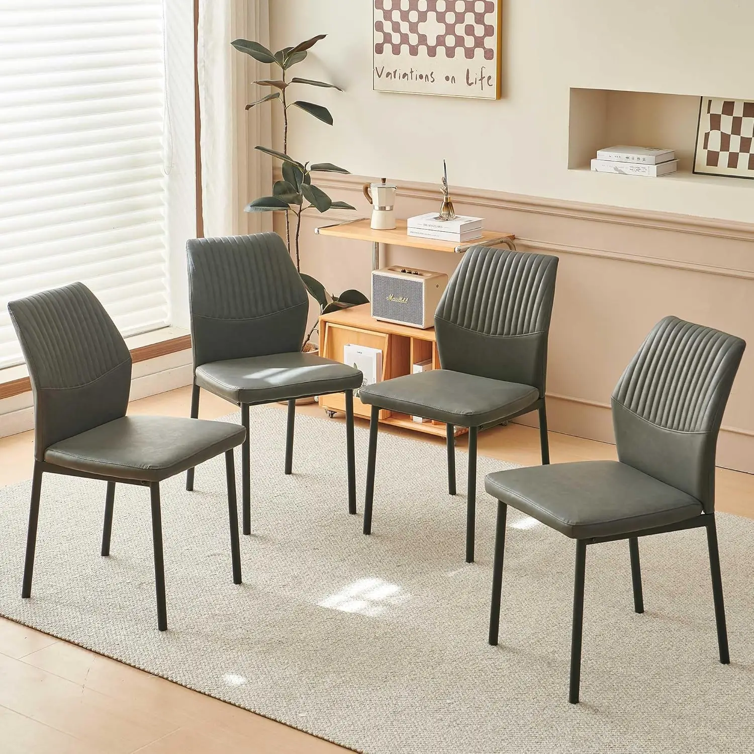 Dining Chairs Set Of 4, Modern Mid- Kitchen Chairs Upholstered Leather Pu Grey Living Room Chairs Comfortable, Metal Legs
