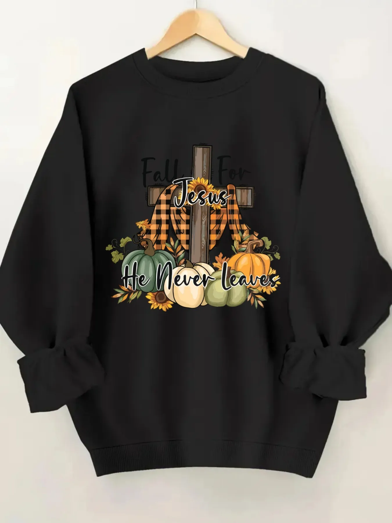 Women's Crew Neck Pullover Sweatshirt Fall For Jesus Design, Soft Casual Long Sleeve, Daily Casual Top Outfit, Winter Women's Clothing, Thanksgiving Outfit