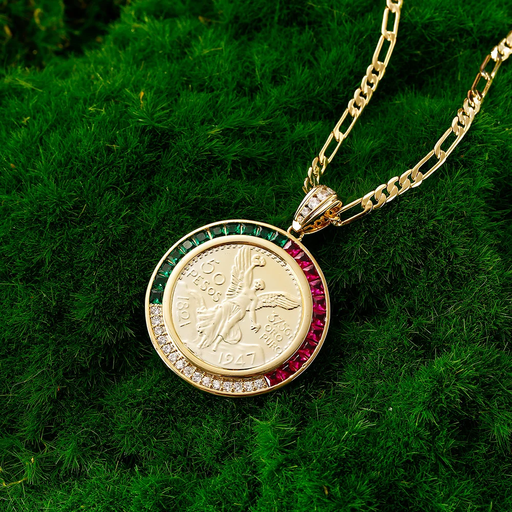 Colored vermiculite coin pendant necklace copper plating 14K gold fashion jewelry men and women lucky accessories festive gift