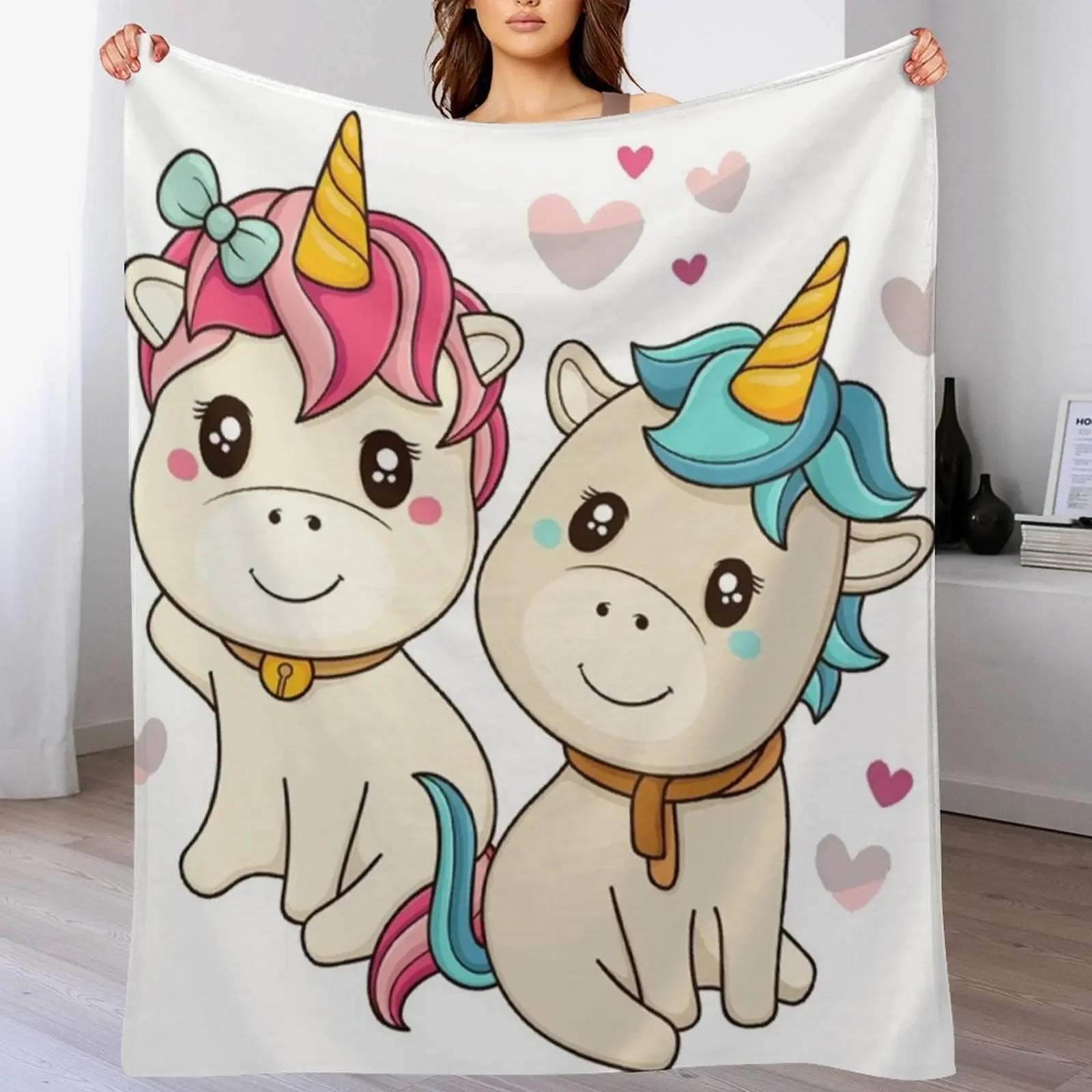 Cute Kawaii Boy & Girl Unicorn Throw Blanket Soft Comfort Blanket for Reading Watching TV
