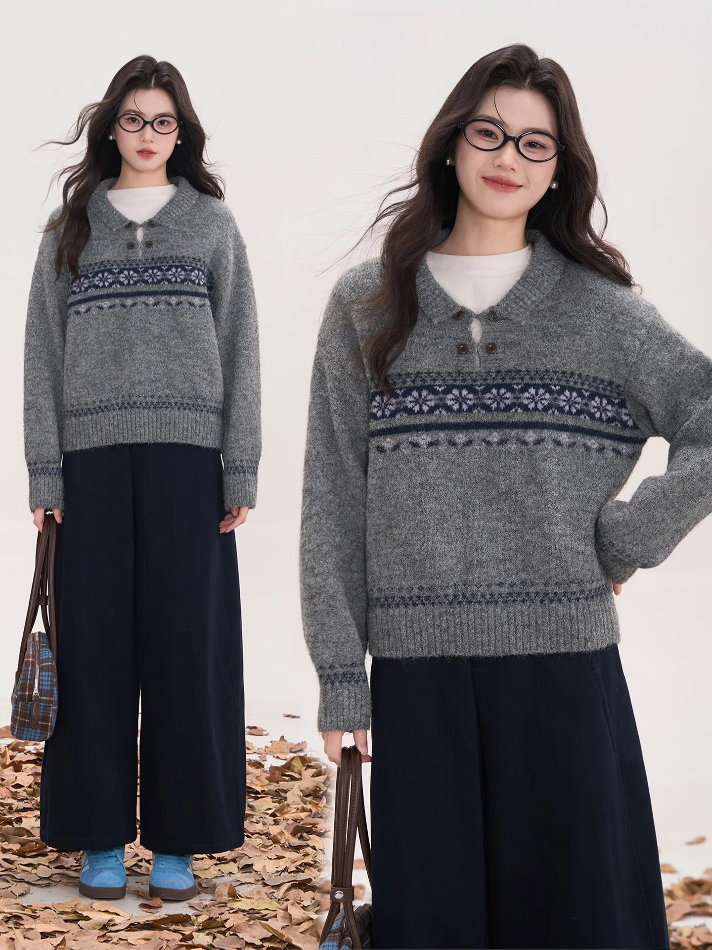 

Heme 8 Women's Wool Blend Knitted Sweater with Collar Double Breasted Raised Flower Pattern Autumn Winter Top