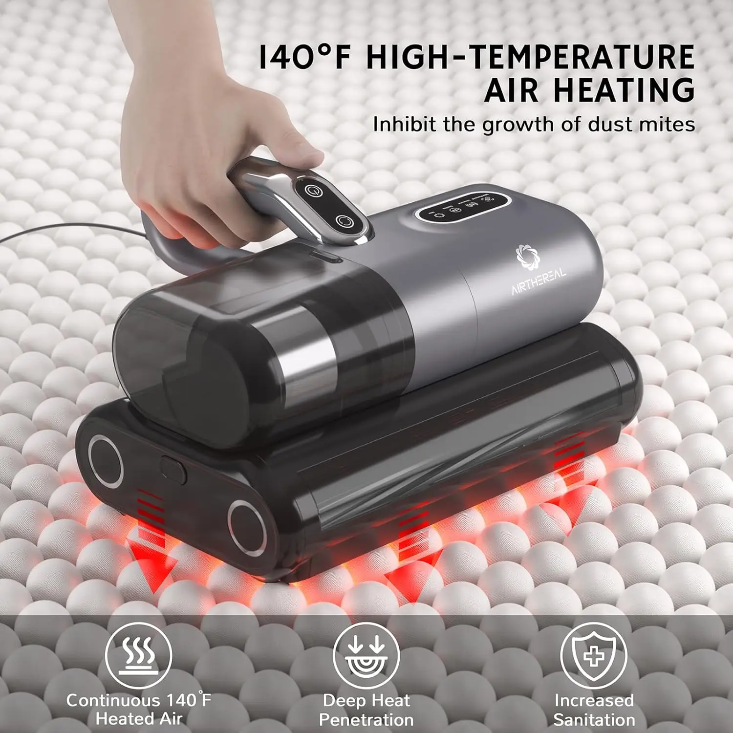 Aspirateur pour matelas M1, aspirateur de lit 6 en 1 avec vibration haute fréquence – Rotation double rouleau de brosse de 80 000 tr/min, lumière UV-C, 14
