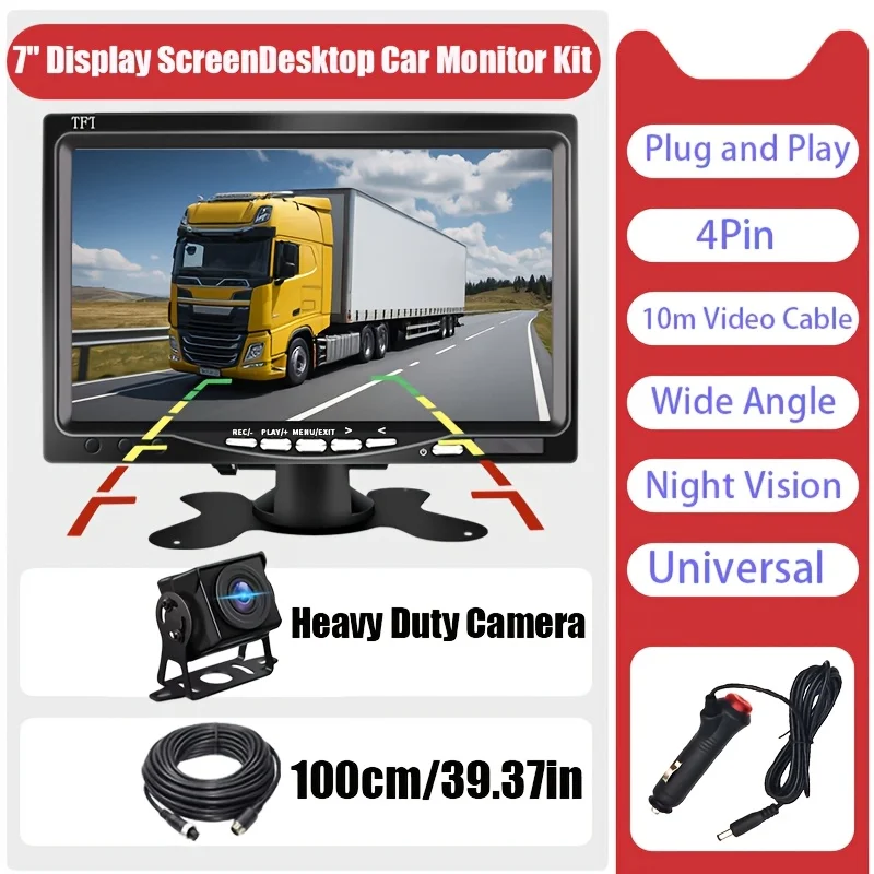 7-Inch Heavy Duty Truck Backup Camera System with Monitor - Plug & Play Reverse Display, Night Vision, Wide-Angle & 10m Cable