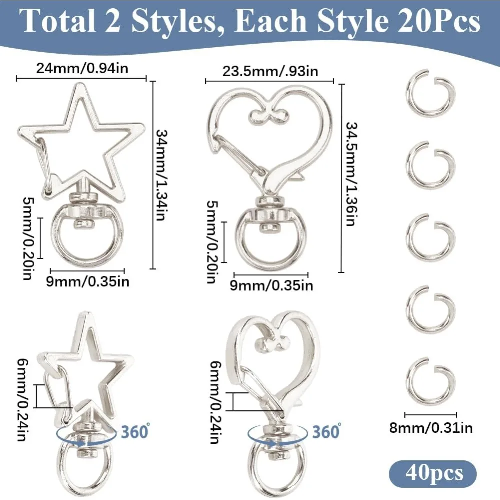 40Pcs Swivel Lobster Clasp Silver Keychain Trigger Clasp Bulk Star Heart Shape Swivel Snap Hook Keychain Clip Alloy Spring kit image 2