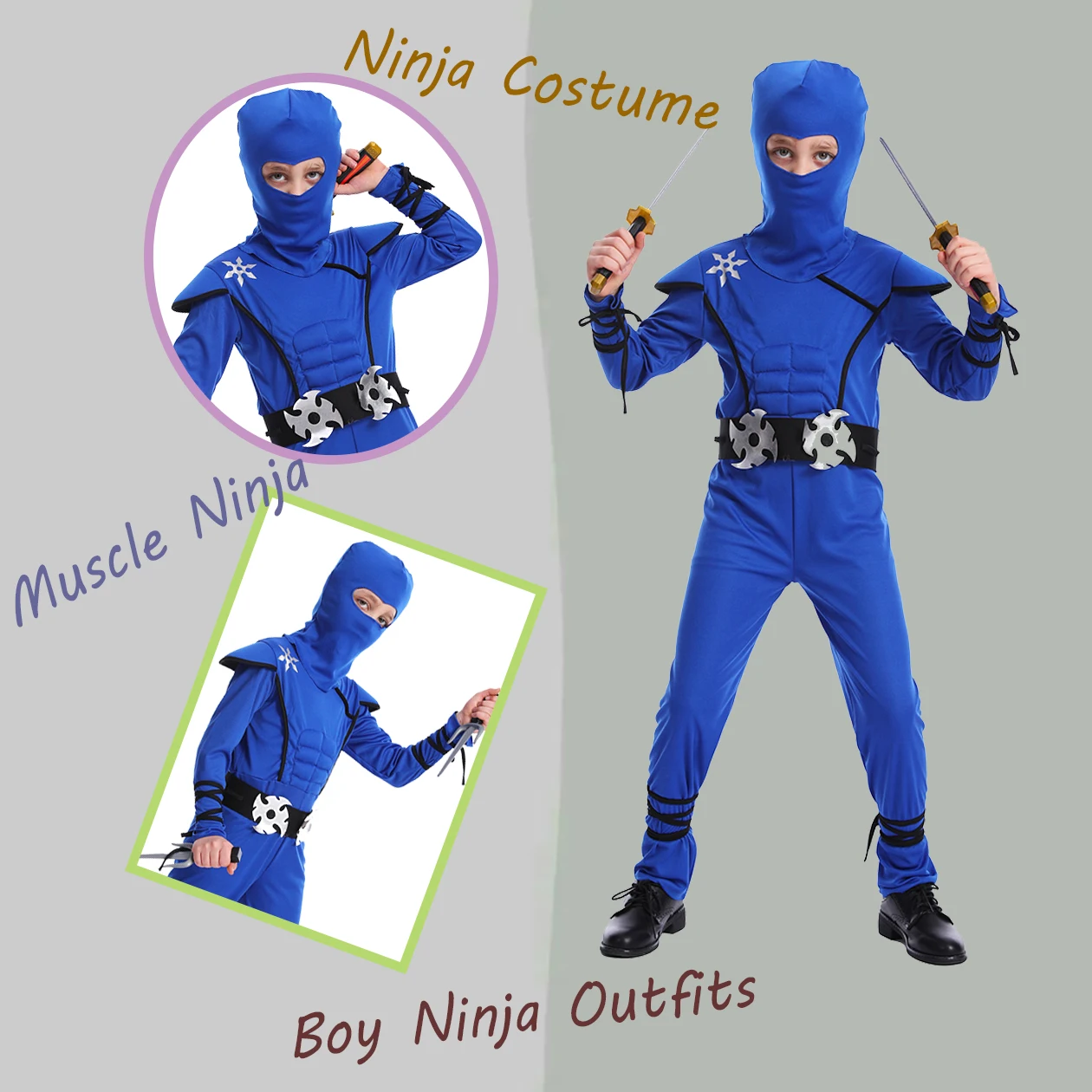 Boys Ninja Costume Halloween  Outfits Children Role Play Muscle Ninja Fancy Dress Cosplay Christmas Party