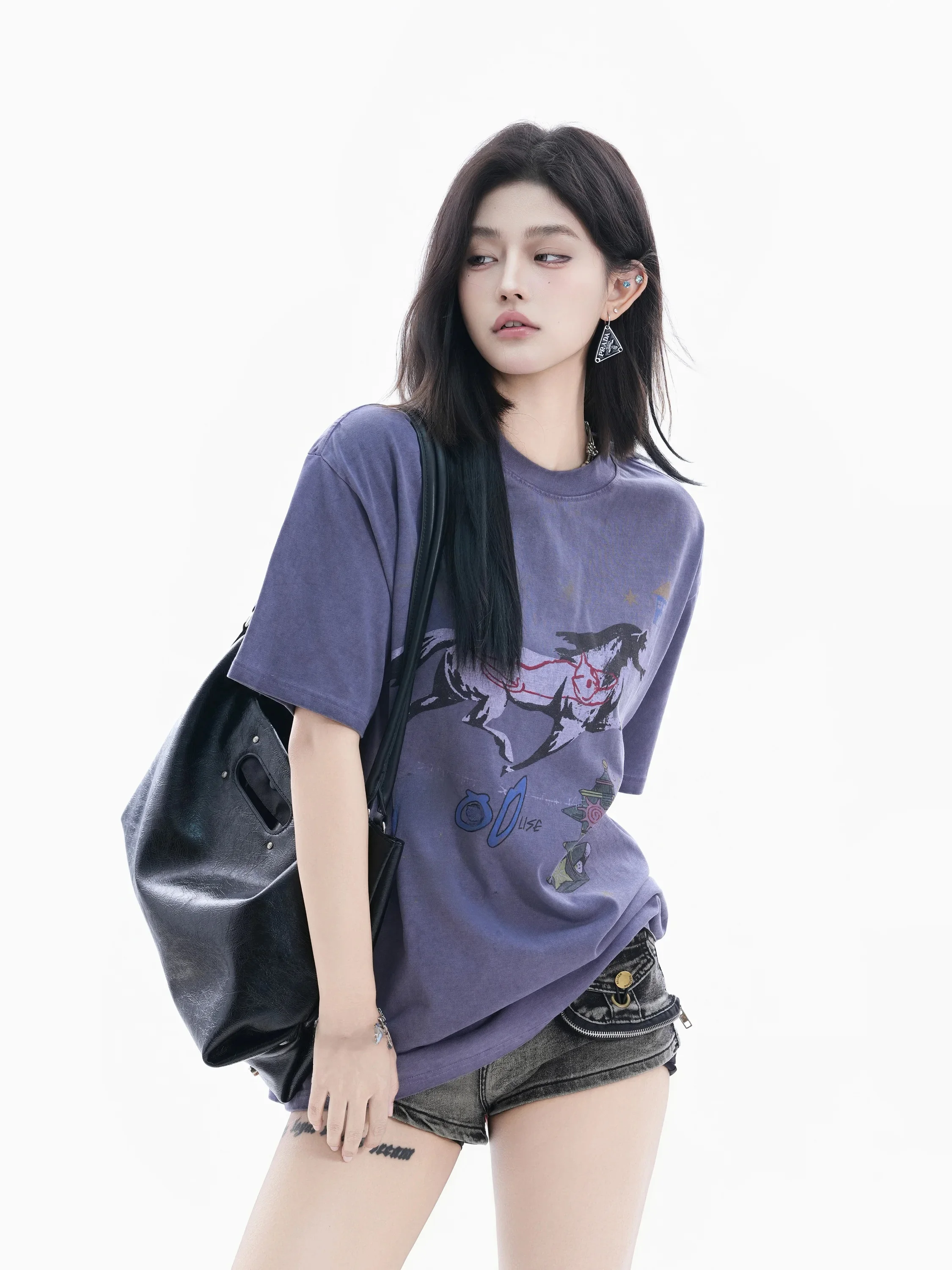 

Retro American Style Short Sleeve T-Shirt Women Loose Fit Cotton Vintage Printing Pegasus Casual round Neck Top for Couples