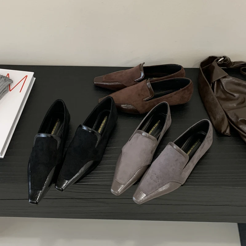 

Туфли женские лоскутные туфли-лодочки винтажные лоферы на танкетке с квадратным носком неглубокие шлепанцы дизайнерские туфли без шнуровки на низком каблуке мюли черный коричневый серый