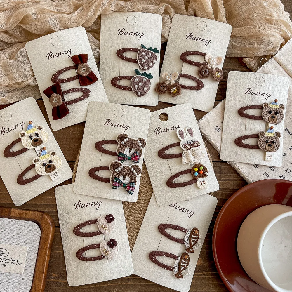 2pcs Coffee Color Hair Clip Cartoon Pearl Bear Children's Hairpin Cherry Rabbit BB Clip Retro Mushroom Bangs Side Clip Headwear