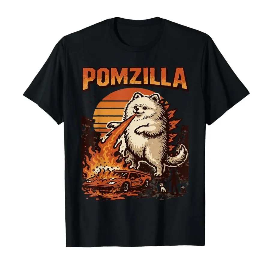 

Pomzilla Pomeranian Dog Vintage Monster Fire Breath Graphic Tee Unisex Cotton Casual T-Shirt