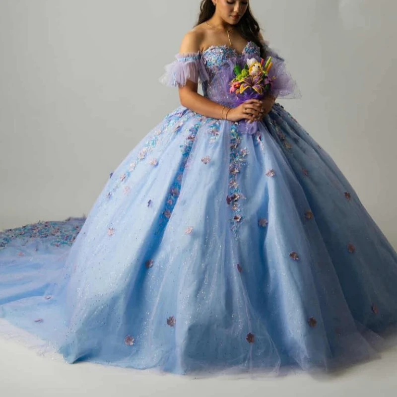 

Sky Blue Shiny Quinceanera Dresses Ball Gown Off The Shoulder Beading Crystal Applique Bow Tull Corset Party Birthday Sweet 16