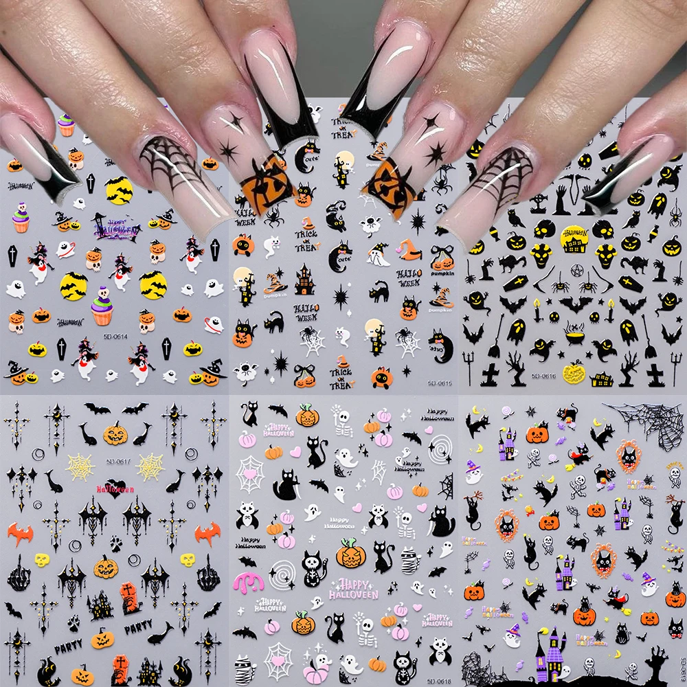 

5D Halloween Pumpkin Skull Ghost Bat Nail Art Sticker Black Cat Evil Specter Nail Decals Spooky Spider Skeleton Nail Sticker Dec