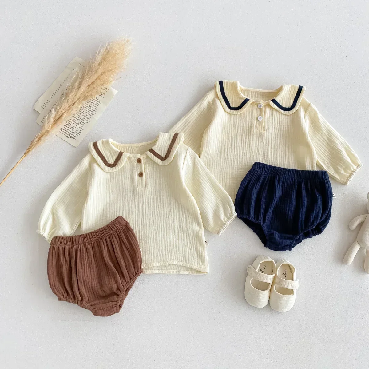 Newborn Baby Girls Boys Autumn Full Sleeve Navy Collar Top Tees Solid Bread Bottoms Infant Kids Pure Cotton Clothing Set 2pcs