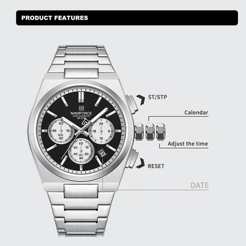 Imagen 2 del producto NAVIFORCE marca de tendencia reloj de pareja de acero inoxidable cronógrafo con indicador de fecha de cuarzo para amantes reloj de pulsera salvaje de moda resistente al agua