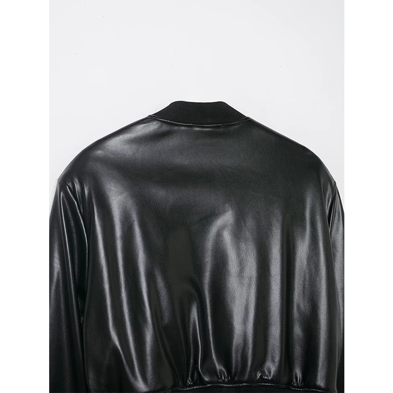 YENKYE Giacca bomber nera in ecopelle allentata per donna Cappotto da motociclista corto con cerniera frontale a maniche lunghe