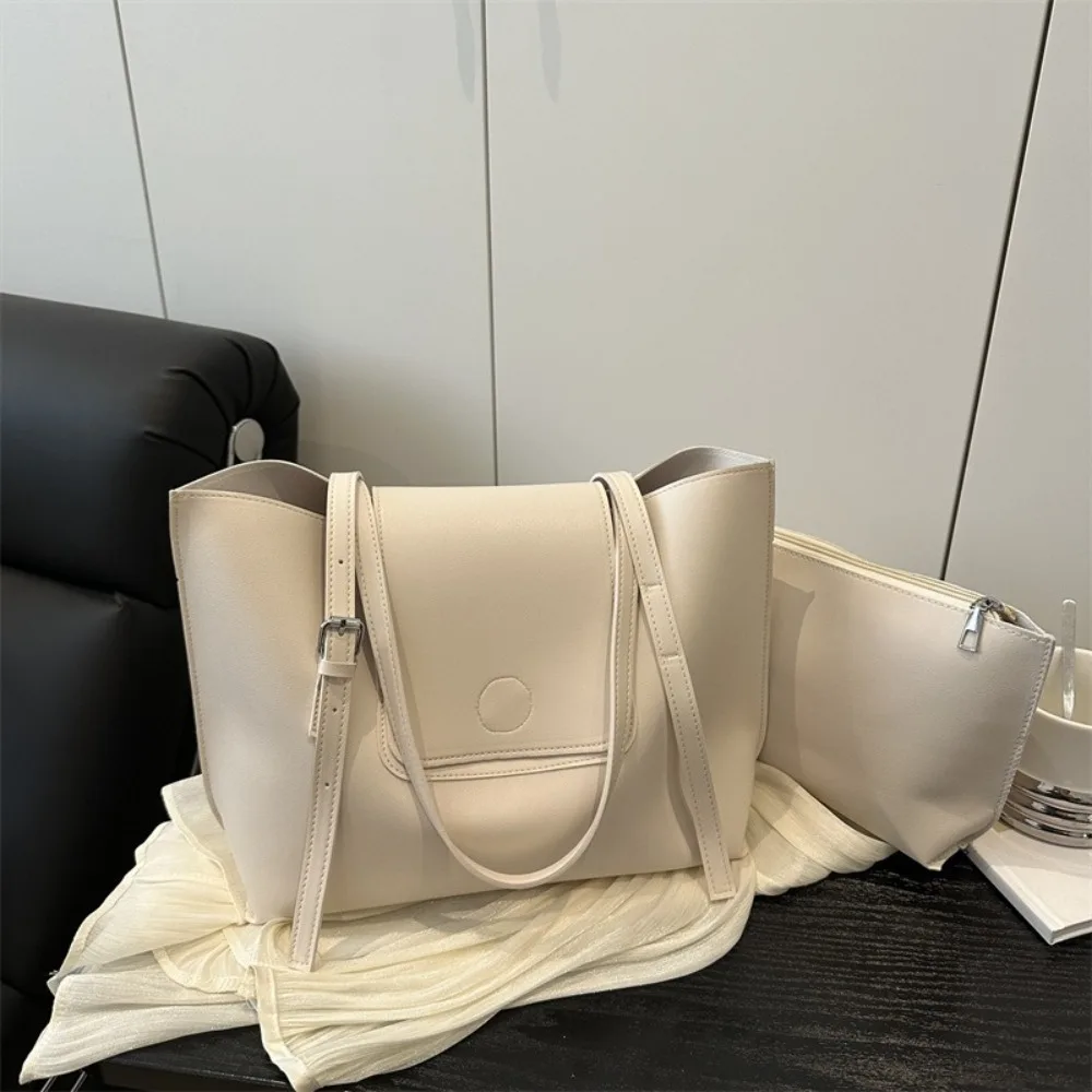 

2pcs/set Versatile Women Tote Bags Large Capacity Hand-held Single Shoulder Bag Solid color With Small Bag Work Handbag Daily