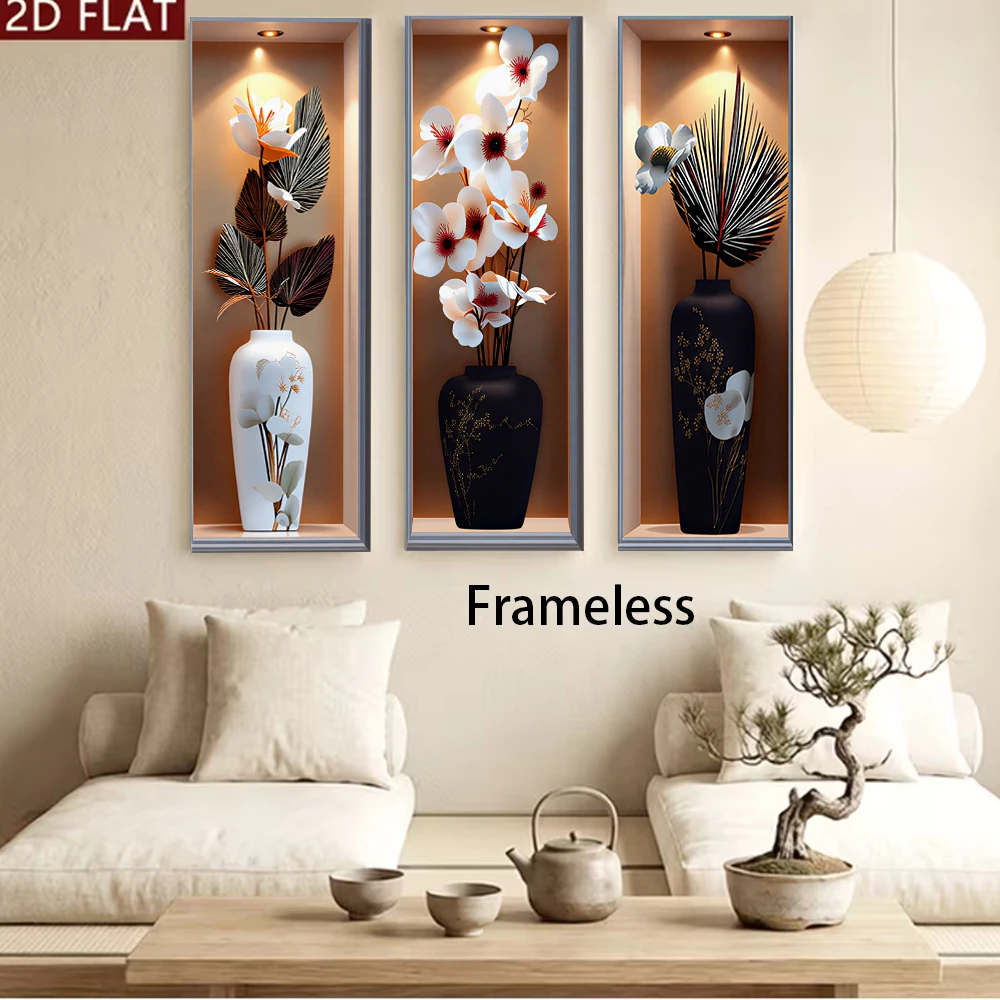 1 set of modern simple triple frameless entrance wall stickers, decorative paintings, vases, flowers, corridors, corridors, back