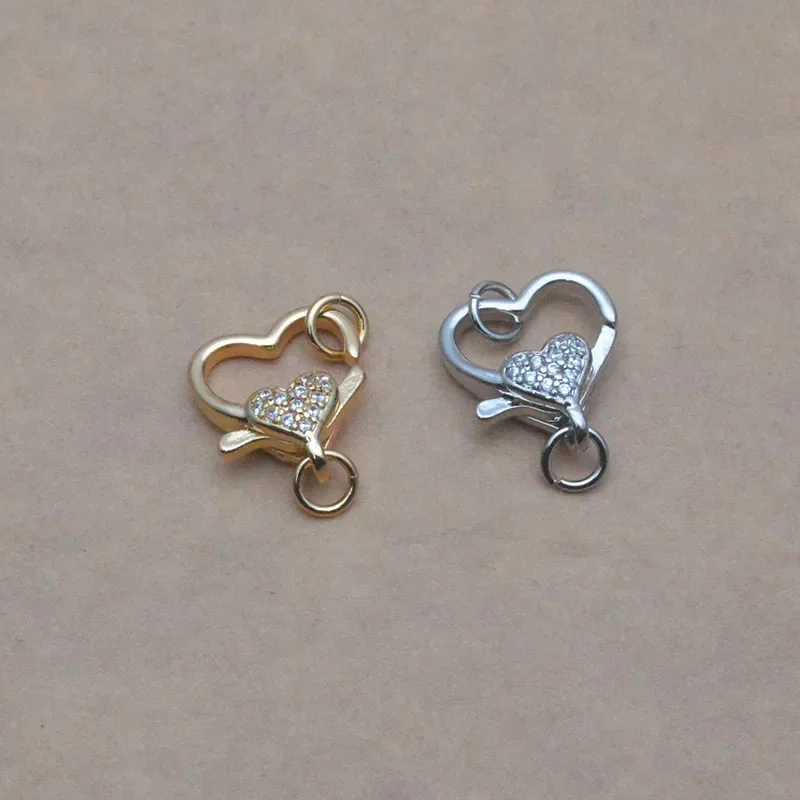 10pcs/lot Fashion 18K Gold Plated CZ Paved Heart Shape Lobster Clasps Fastener Connectors for DIY Jewelry Making Accessories