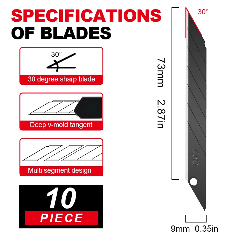 DELI 30° Black Snap-Off Blades 9mm, 0.4mm SK5 Steel Utility Knife Replacement Blades for Vinyl Wrap, Craft & Precision Cutting