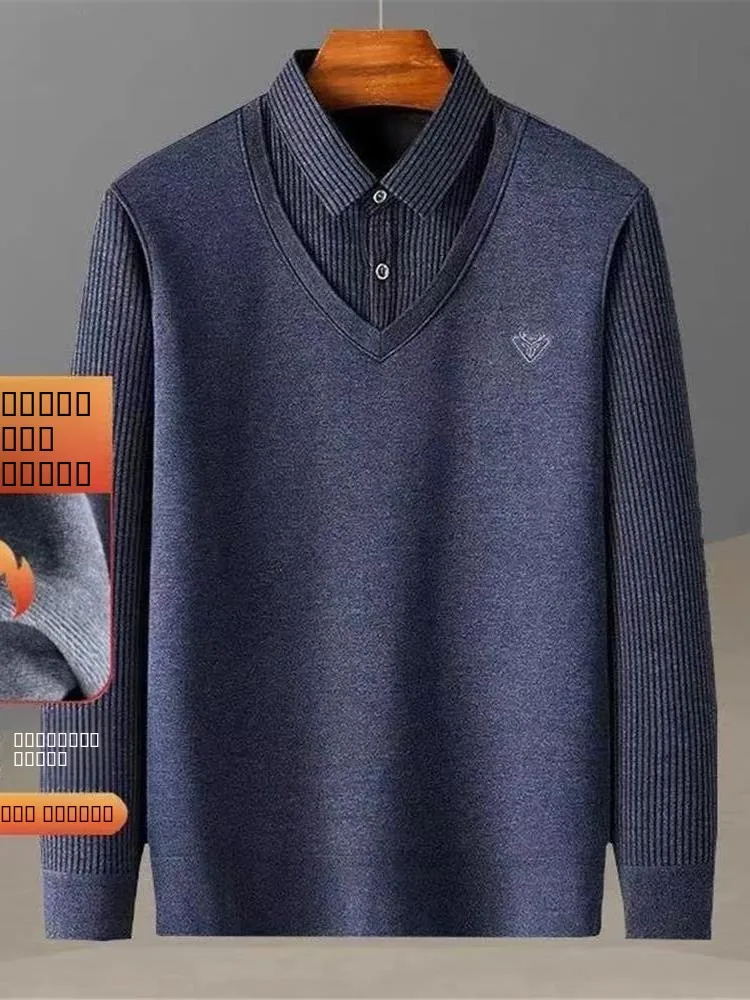 

Men's Long Sve Knitted irt Collar Thiened Fce Casual Stripe Pullover Base irt Dad Sle Autumn Winter Clothing