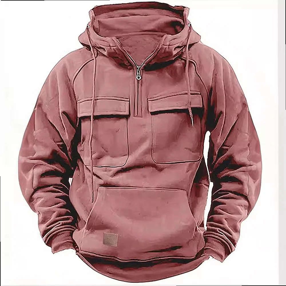 Men's Hooded Sweatshirt Solid Color Casual Hoodies Spring Summer Multi Pocket Leather Patch Jacket
