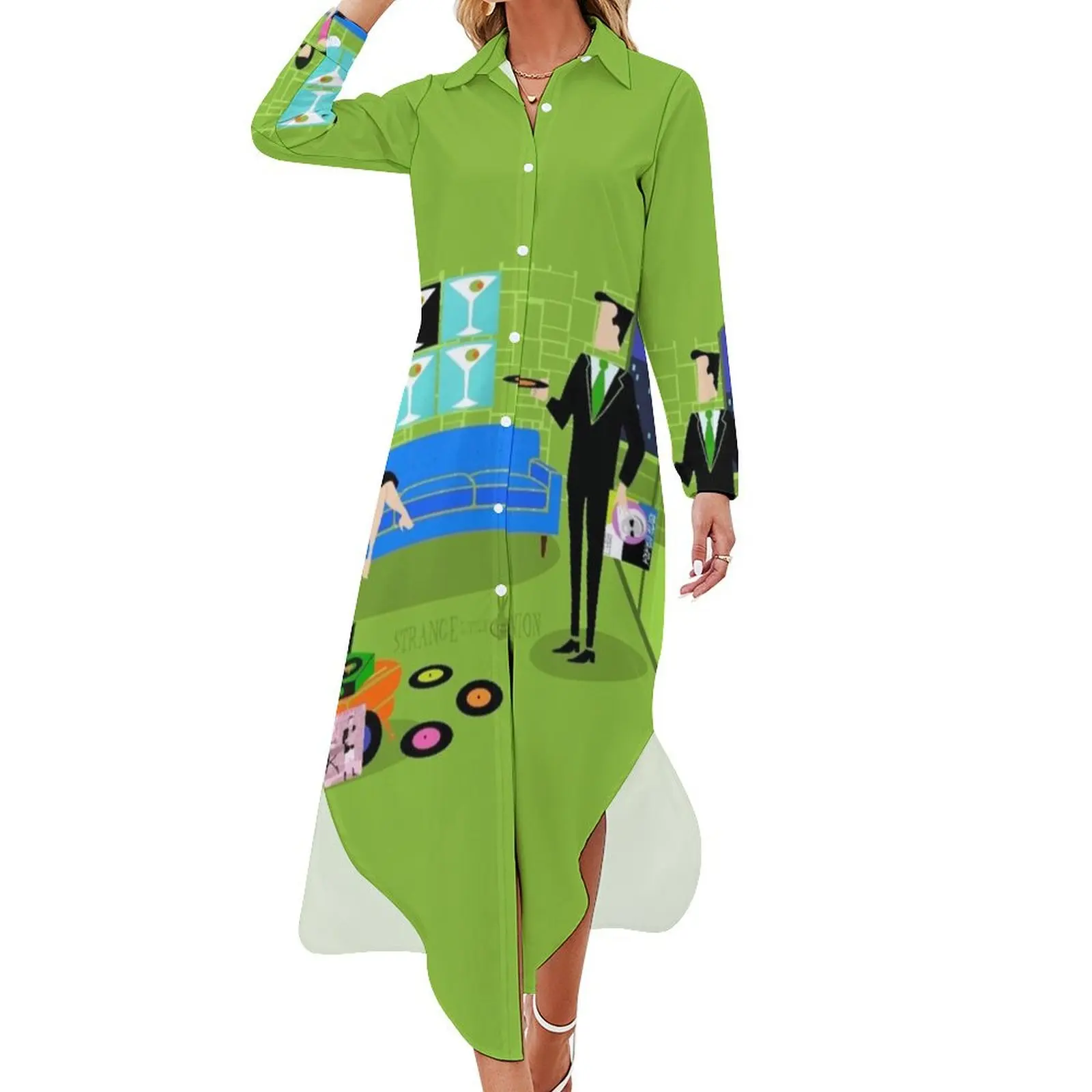 

Retro Urban Cartoon Couple Long Sleeved Shirt Dress beach dresses Aesthetic clothing