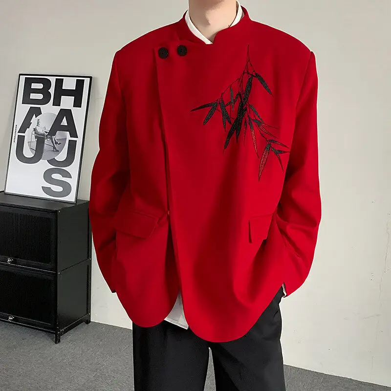 

Red Embroidered Casual Wedding Chinese Sle Men's Suit Stand Collar Western Coat Polyester Fiber Spring Autumn Leisure Outer...