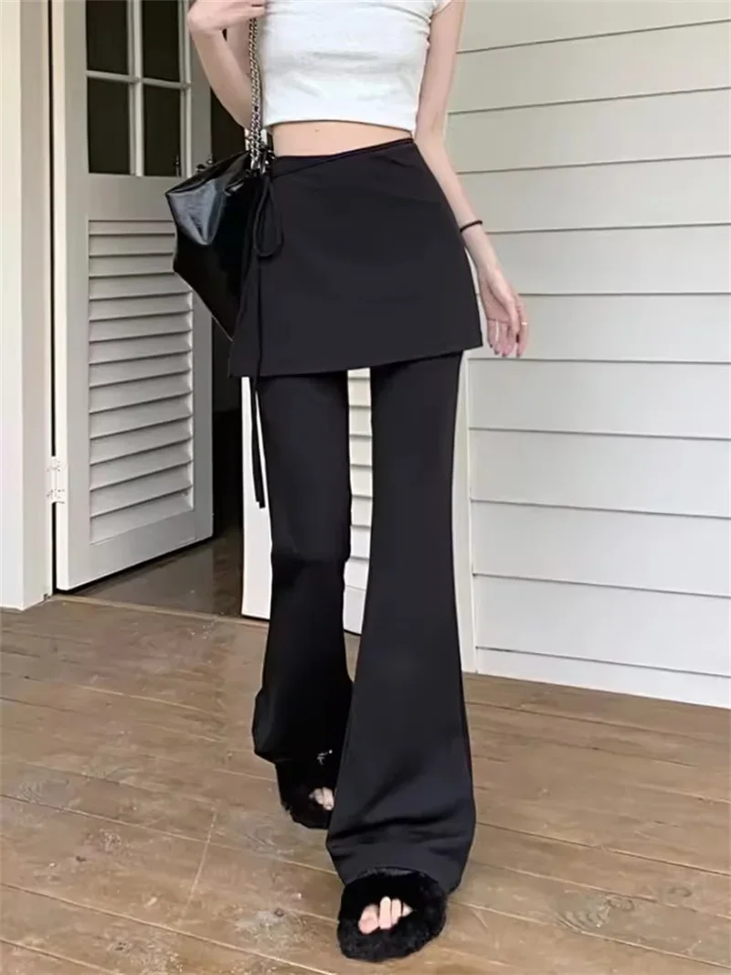 Pop Pop Black High Waist Slim Fit Pants Women's Summer Thin Belted Fake Two-Piece Design Commute Hoof Micro Flared Straight Leg