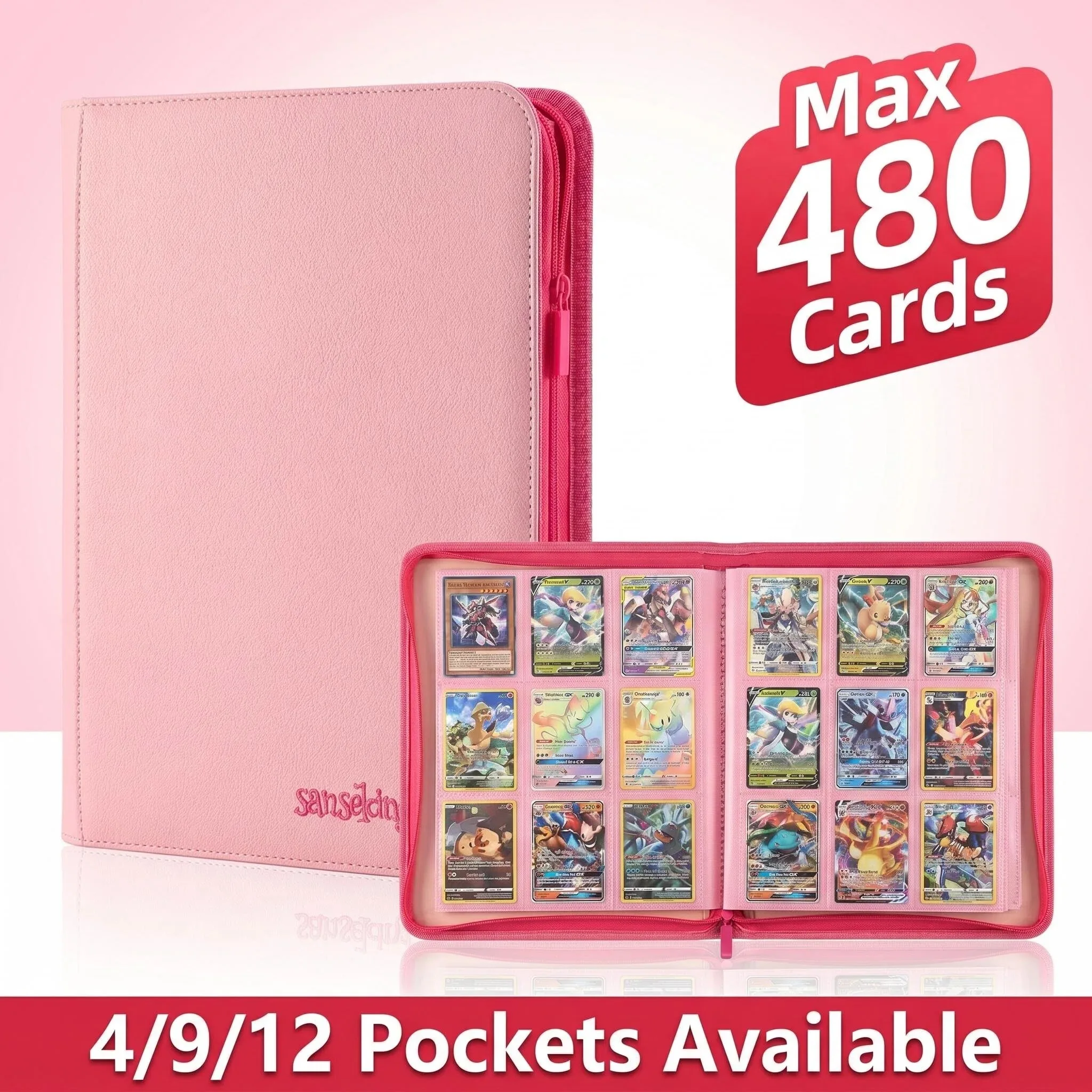 sanseking-double-sided-zipper-card-binder-pu-leather-photo-album-4-9-12-pocket-for-pokemon-yu-gi-oh-white-pink