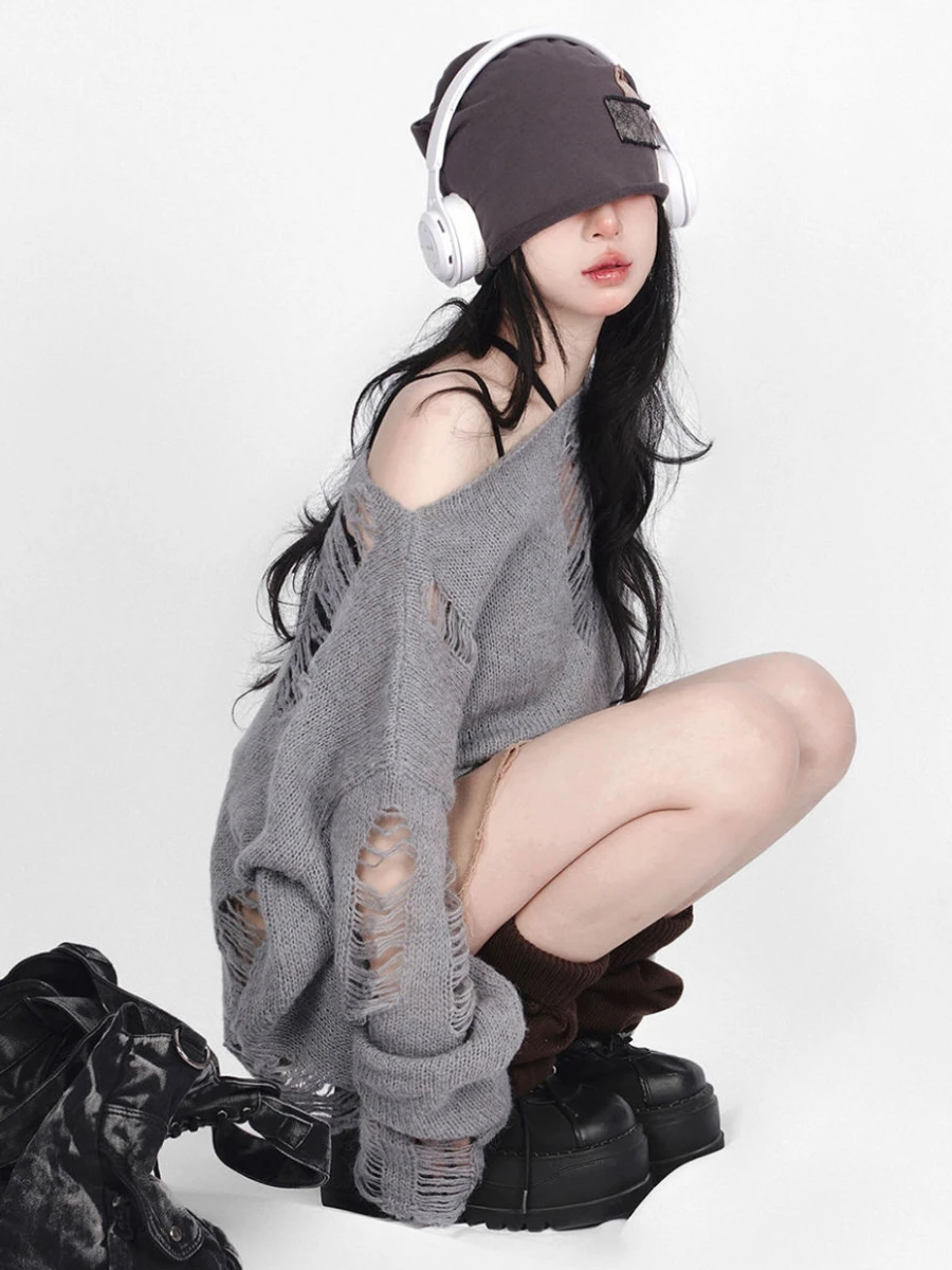 Pull Déchiré Vintage pour Femme, Streetwear, Ulzzang, Baggy, Chic, Simple, Sexy, Smock, Coréen, Nouvelle Mode Automne 2022