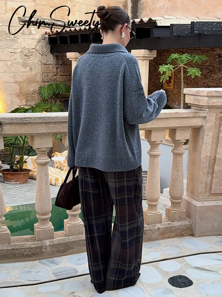 ชุดเซ็ตเสื้อเชิ้ตลายสก็อตสุดหรูสำหรับผู้หญิง แฟชั่นเสื้อคอโอ แขนยาว จับจีบ พร้อมกางเกงขายาวทรงตรง  ชุดฤดูหนาว-ฤดูใบไม้ผลิ 2025 สำหรับสุภาพสตรี