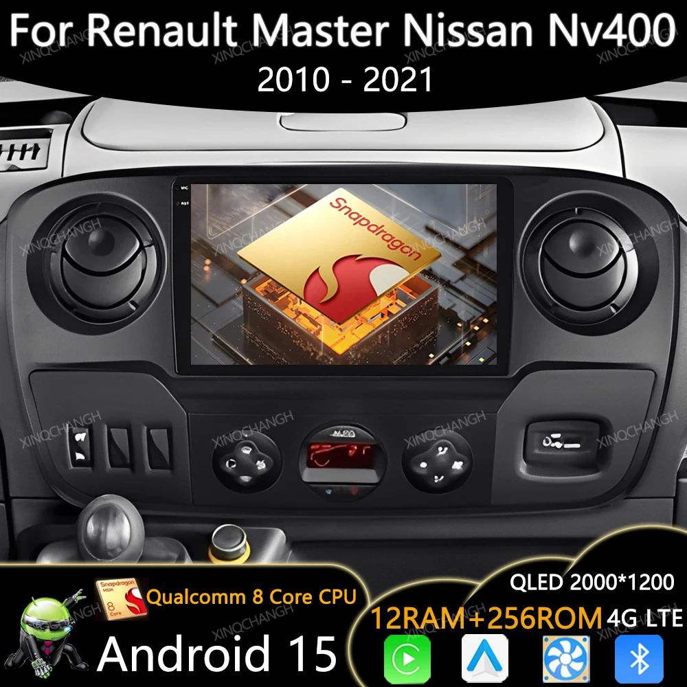 Rádio Automotivo Android 15 para Renault Master, Nissan NV400, Opel Movano 2010 - 2021, Unidade Principal GPS 4G WIFI 2DIN BT Qualcomm QLED BT GPS