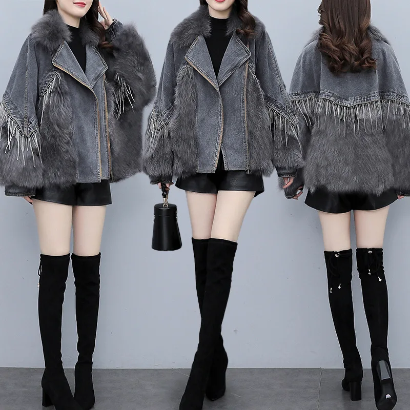 Denim Fur Jacket Female Imitation Fox Hair Inner Jackets Stitched Cowboy Loose Winter Coat Motorcycle Bike Windproof Outerwear